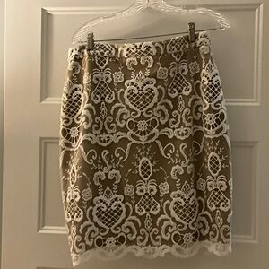 Badgley Mischka Tan and White Embellished Pencil Skirt